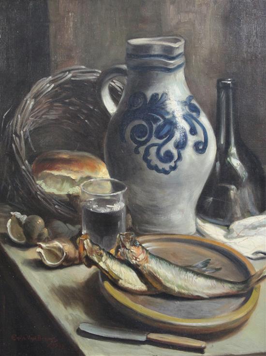 Emile Van Damme-Sylva (1853-1935) Table top still life with herring, a loaf of bread and stoneware flagon, 32 x 24in.